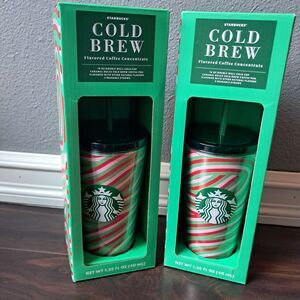 Starbucks Holiday Cold Brew Tumbler Set 2 Bundle Christmas‎ 16oz 2024 3 Straws